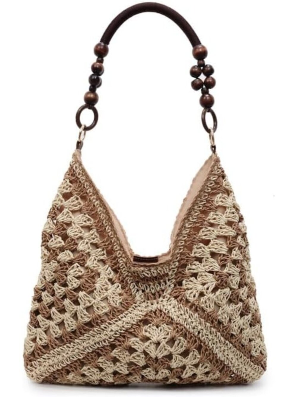 Handmade Crochet Woven Tote Bag, Large Straw Hobo Beach Bag with Bead Handle